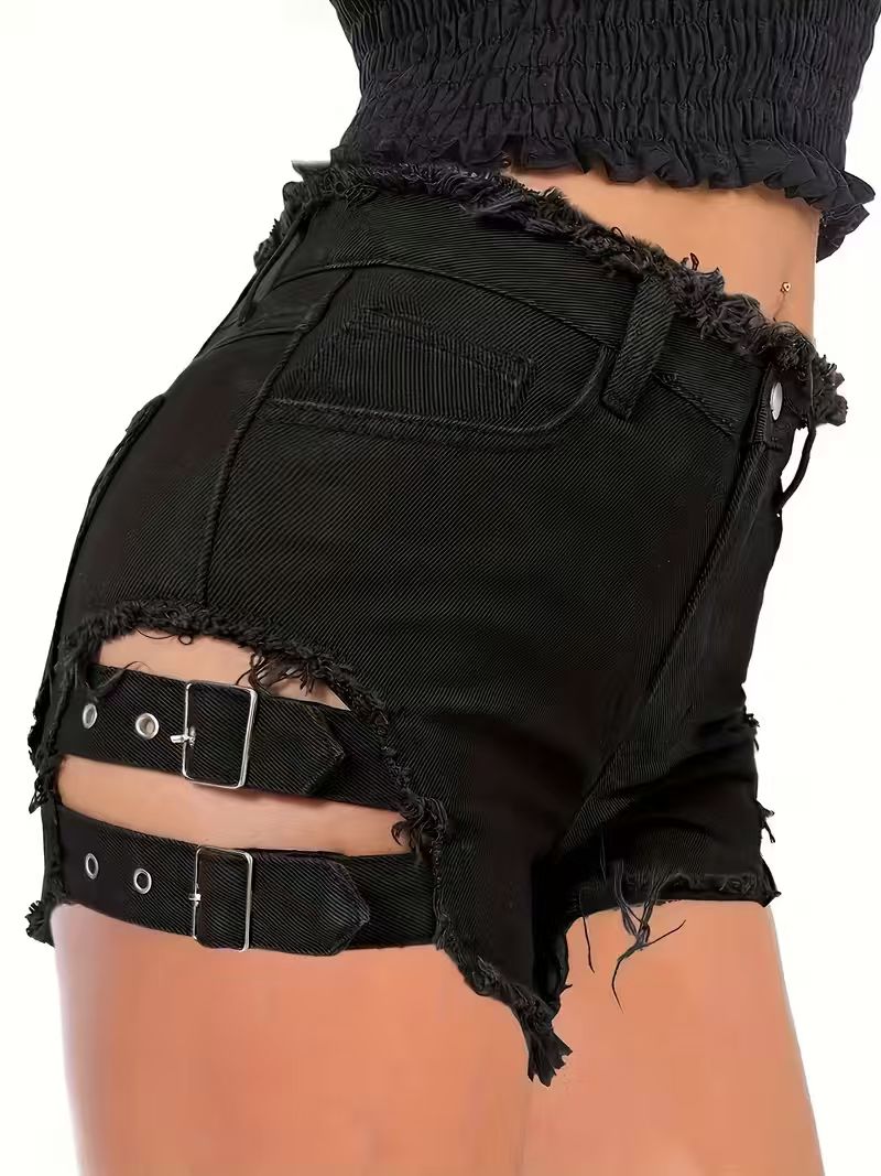 Shorts Denim Frayed - شورت جينز أسود نسائي بخصر منخفض