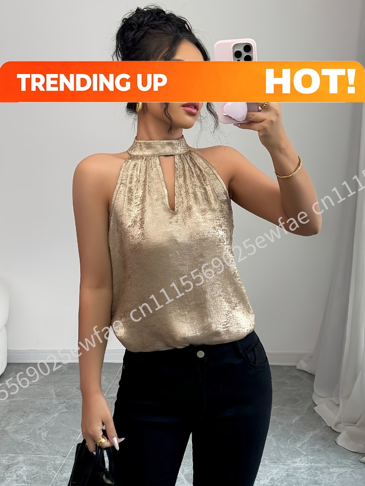 Blouse Off Shoulder - بلوزة نسائية ذهبية لامعة بتصميم هالتر