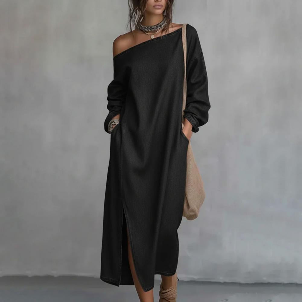 Linen Dress Wrap - فستان ماكسي نسائي بكتف واحد وأكمام