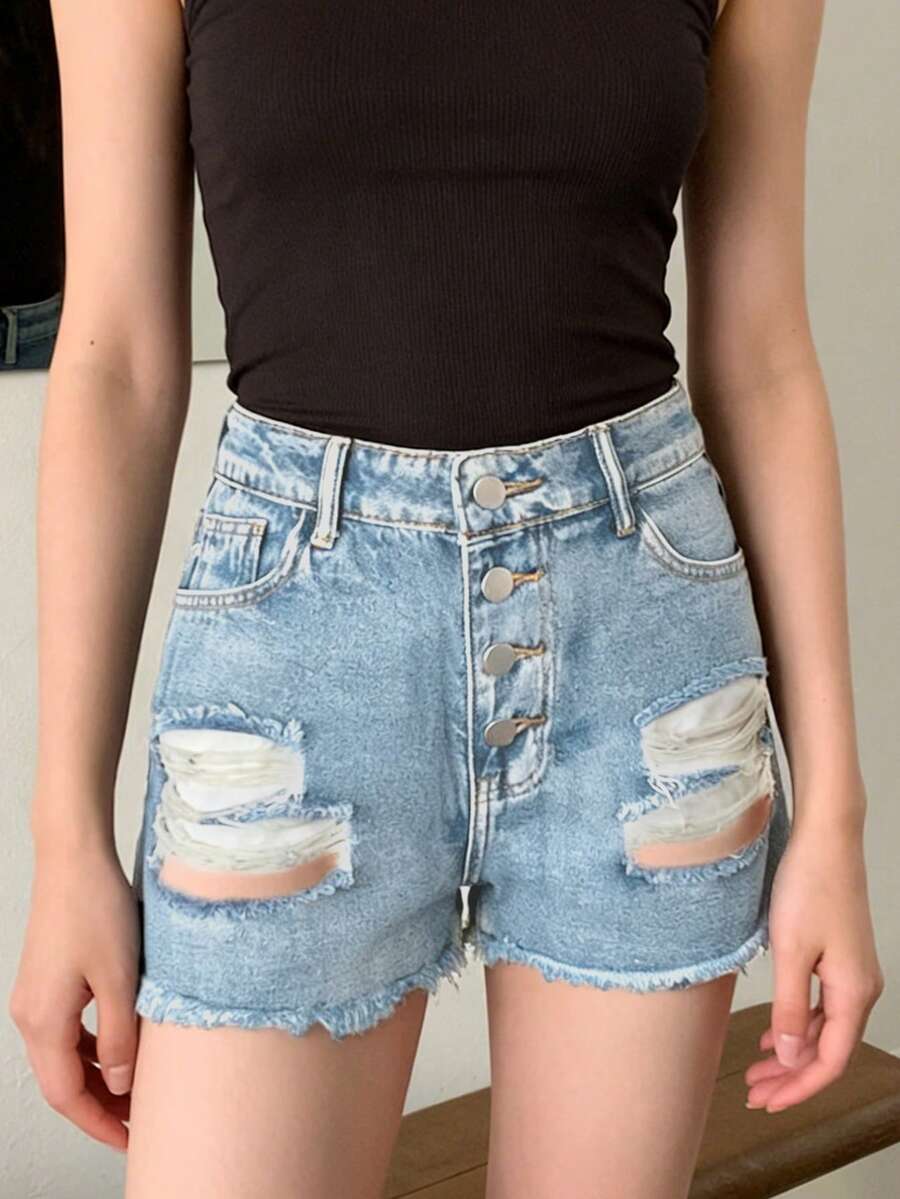 شورت جينز نسائي متوسط الارتفاع - مراجعة Shorts Denim Frayed وسعره